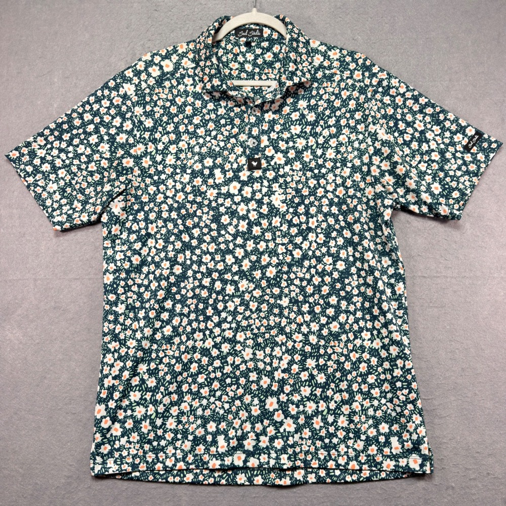 Bad Birdie Men Daisy Floral Golf Polo Shirt Teal Orange White Size M Short Sleev
